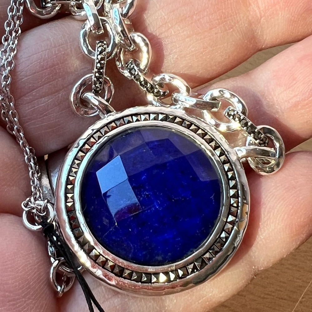 JUDITH JACK STERLING SILVER LAPIS DOUBLET & MARCASITE NECKLACE PENDANT WITH TAG